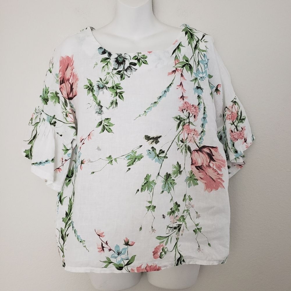 Laura Bianchi Floral Linen Top Small White Boho Romantic Coastal Feminine
